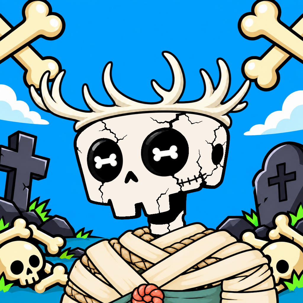 Cracked Bonehead with bone eyes and antlers in the Bone Yard