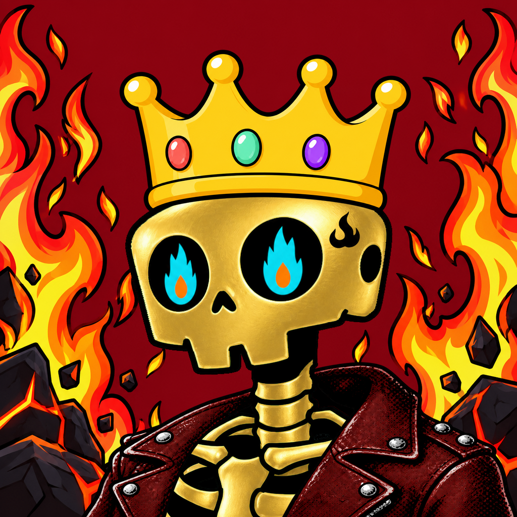 KING KROSS, a gold crowned Bonehead with blue flame eyes and a red leather jacket